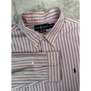 Ralph Lauren Shirt Mens 2XL Pink Striped Button Down‎ Custom Fit Long Sleeve